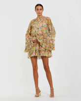 Multicolor Printed Mesh Ruffle High Neck Mini Dress
